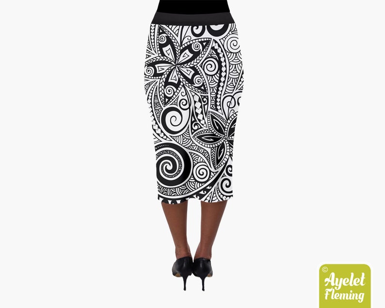 Black white floral midi skirt XS-3XL Polynesian skirt Hawaiian skirt ulu