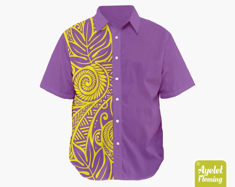 Half yellow purple ulu floral button up shirt men XS-5XL Polynesian shirt Hawaiian shirt men