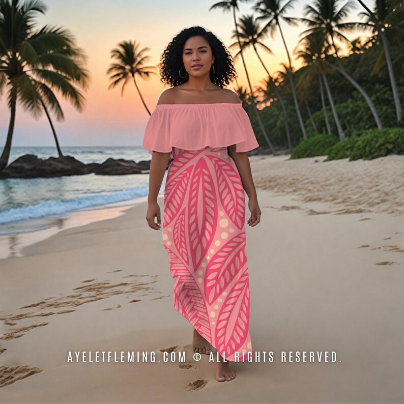 Floral Polynesian Off Shoulder Maxi Dress, Shades Of Pink Hula Dancing & Wedding Guest Long Outfit, Tropical Luau Party Attire for Women