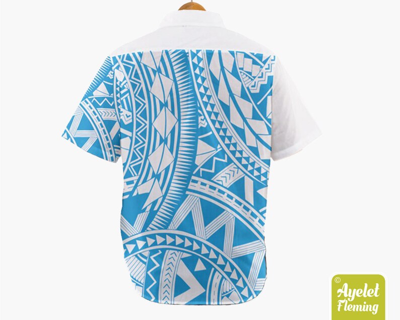 Hawaiian Shirt Men Polynesian Shirt Samoan Shirt White Cyan Button up
