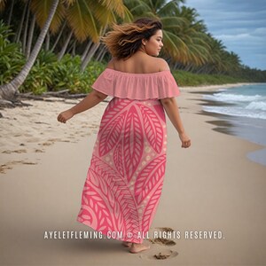 Floral Polynesian Off Shoulder Maxi Dress, Shades Of Pink Hula Dancing & Wedding Guest Long Outfit, Tropical Luau Party Attire for Women