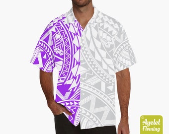 Hawaiian shirt men - Polynesian shirt design on sleeve - Samoan shirt - Half light gray half purple Samoan shirt bowling shirt S-5XL
