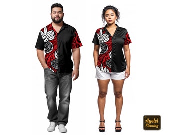 Couple outfit his and hers shirts - Hawaiian shirt women and mens bowling shirt - Red white black ulu floral Polynesian clothing