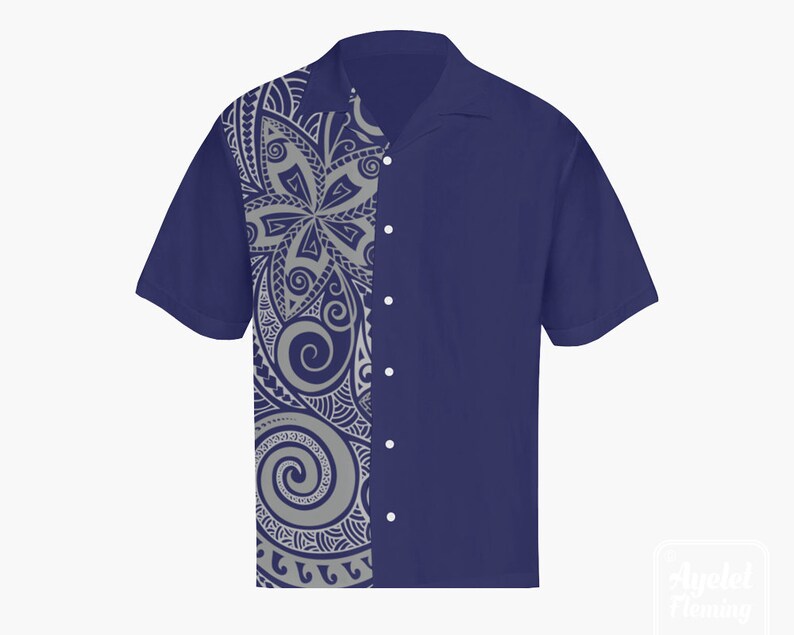 Polynesian shirt Half navy blue gray floral bowling shirt S-5XL Hawaiian shirt men
