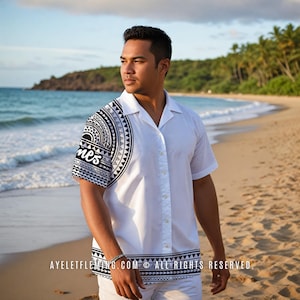 Custom Name Men's Short Sleeve Button Down Samoan Bowling Shirt, White Black Polynesian Tribal Pacific Island Wedding And Event Outfit