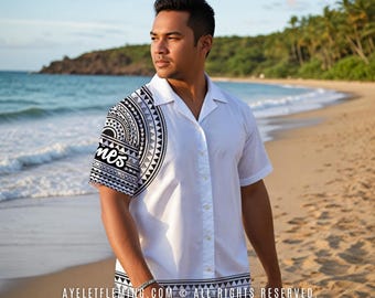 Chemise de bowling samoan boutonnée à manches courtes pour homme, blanc noir, tenue tribale polynésienne des îles du Pacifique pour mariage et événement