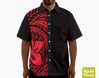 Polynesian shirt - Samoan shirt - Hawaiian shirt men - Half red black button up shirt men - Size XS-5XL