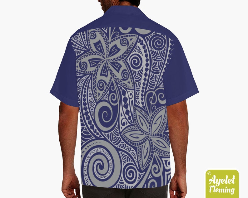 Polynesian shirt Half navy blue gray floral bowling shirt S-5XL Hawaiian shirt men