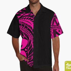 Hawaiian shirt men - Polynesian shirt design on sleeve - Half black pink floral tribal design on sleeve bowling shirt S-5XL