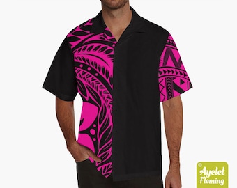 Hawaiian shirt men - Polynesian shirt design on sleeve - Half black pink floral tribal design on sleeve bowling shirt S-5XL