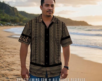 Custom Name Men's Short Sleeve Button Up Polynesian Bowling Shirt, Dark Tan Black Samoan Tribal Pacific Island Weddings And Events Outfit