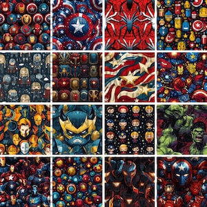 以下が含まれることがあります： 12種類の異なるスーパーヒーローをテーマにしたパターンのデジタルコラージュ。パターンには、キャプテンアメリカ、アイアンマン、ソー、ハルク、スパイダーマン、その他のマーベルキャラクターの画像が含まれています。パターンは、赤、青、黄、緑など、さまざまな色で構成されています。