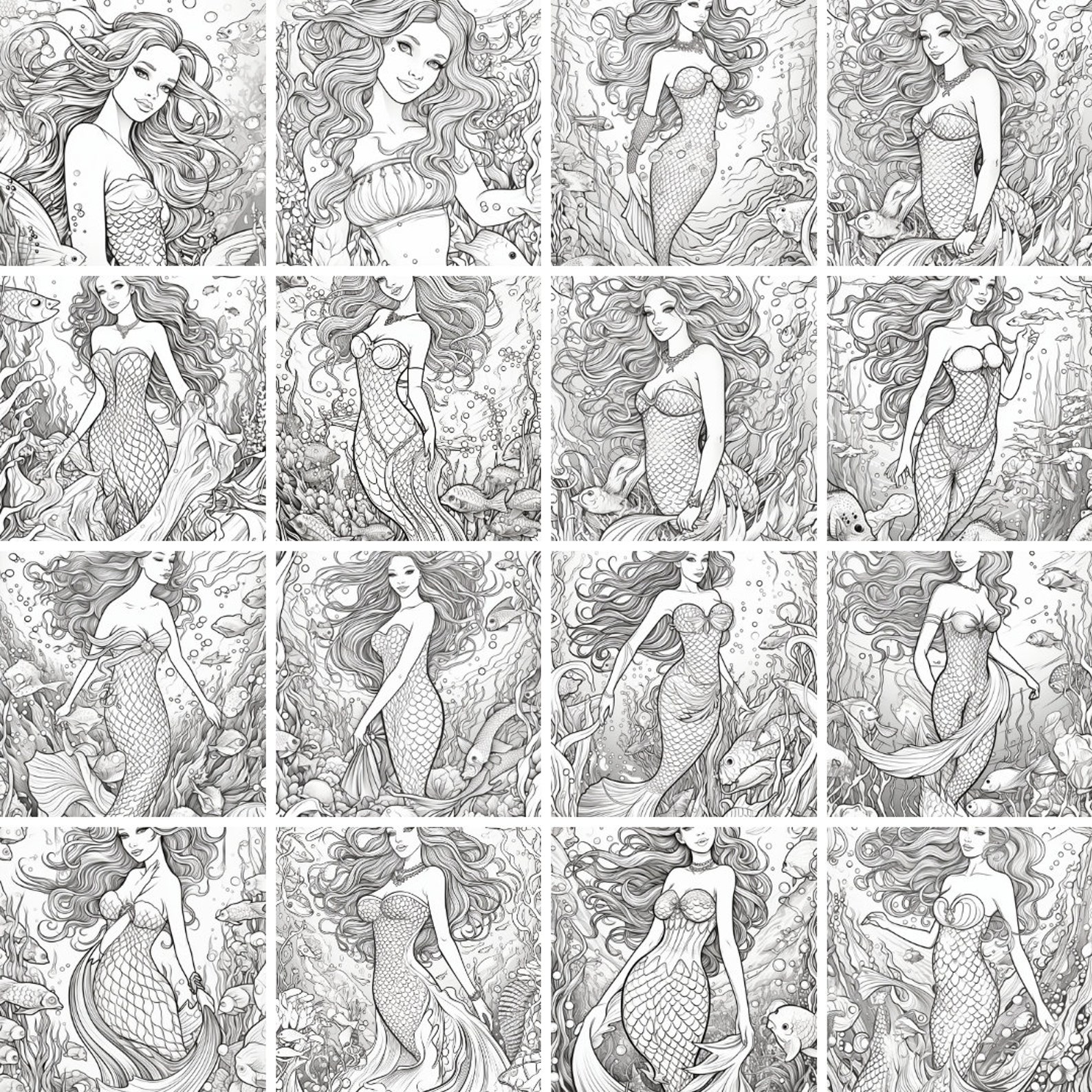 50 Mermaid Coloring Pages - Children's Coloring Pages - Digital