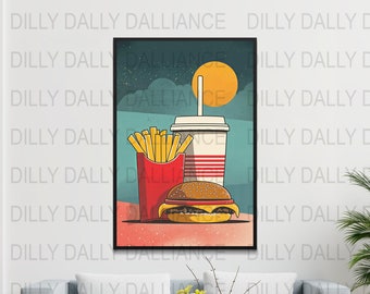 Lámina artística de cocina de hamburguesas y papas fritas: póster gastronómico único (descarga digital)