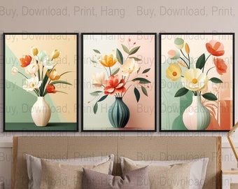 3 Flowers in Vase Prints - Printable Wall Art - Floral Poster - Digital Download - High Quality 300dpi - JPEG file - Unique Artwork