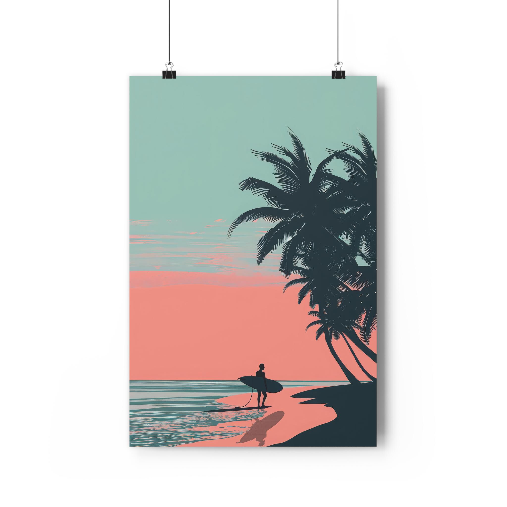 サンセットサーフプリント：トロピカルビーチ、ヤシの木、サーファー