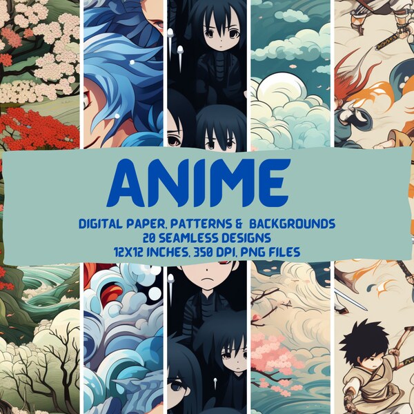 Anime Digitální papíry, vzory a pozadí - Vysoce kvalitní soubory PNG - 12x12in - 350dpi - digitální stahování - 20 návrhů - komerční použití