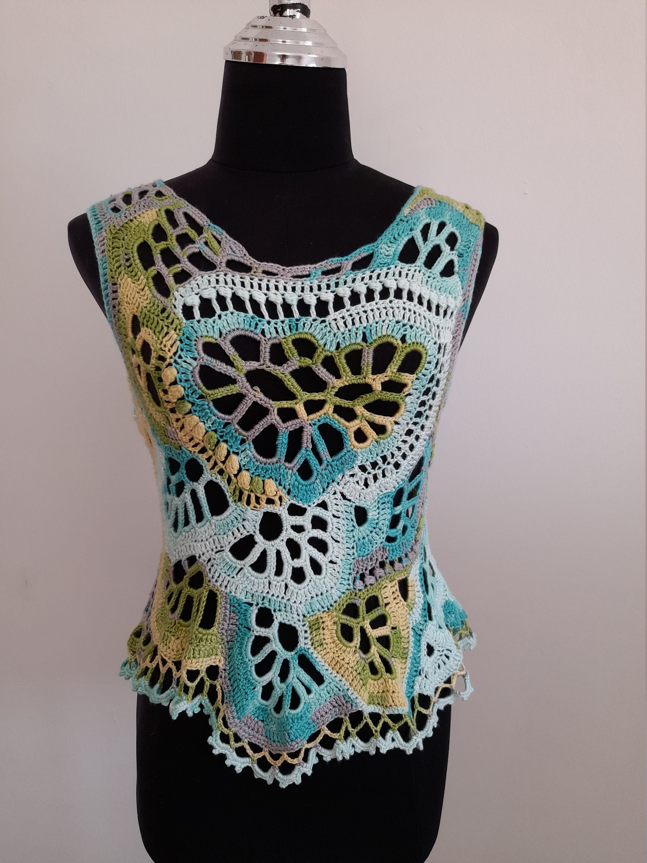 Vintage 60s Crop Top  Green and Blue Floral Tank Top  Hand Made by Talbott for Mark Fore & Strike Sleeveless Blouse  One of a Kind