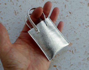 Silver leather doll tote bag 1:6 scale, miniature handbag for 11"-12" fashion dolls, accessories, real leather, handmade doll clothes, chic