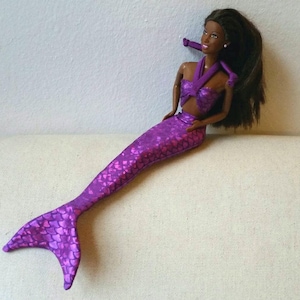 Mermaid tail and top set for 12&quot; fashion dolls - purple metallic fish scales spandex, 1:6 scale, stocking stuffer, gift under 20
