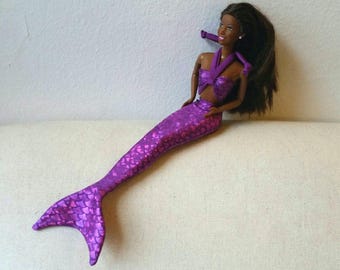 Mermaid tail and top set for 12" fashion dolls - purple metallic fish scales spandex, 1:6 scale, stocking stuffer, gift under 20