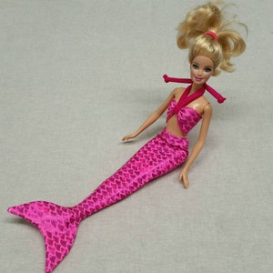 Pink mermaid tail and top set for 12&quot; fashion dolls, metallic fish scales spandex, party favor, for a girl, kids, handmade, gift under 20