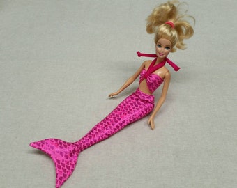Pink mermaid tail and top set for 12" fashion dolls, metallic fish scales spandex, party favor, for a girl, kids, handmade, gift under 20