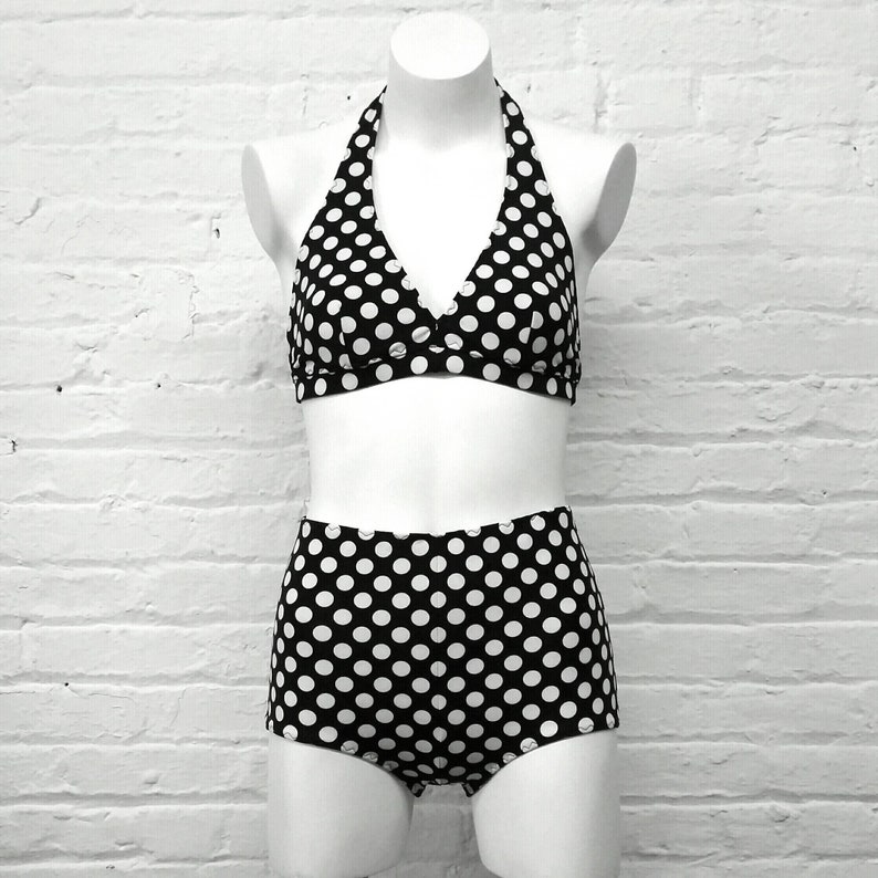 Black and White Polka Dot Print High Waisted Bikini Swimsuit / | Etsy