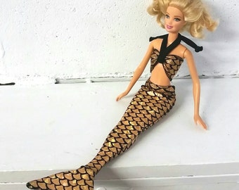 Mermaid tail and top set for 12" fashion dolls - gold metallic fish scales spandex, party favor, gift for a girl, stocking stuffers