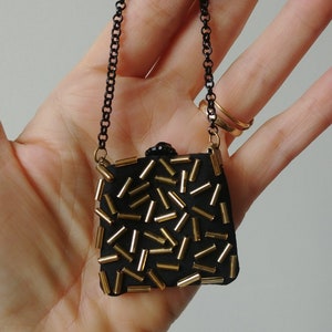 Doll purse, beaded bag, 12&quot; fashion doll, 1:6 scale, miniature evening bag, black silk, gold or silver beads, Poppy Parker, handmade