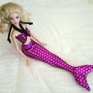 Hot pink Mermaid tail and top set for 12&quot; fashion dolls, metallic fish scales spandex, magenta, party favor, for girls, gift under 20