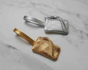 Doll purse, gold or silver leather wristlet clutch with functional zipper, 1:3 scale 16"-18"dolls, accessories, miniature hand bag, handmade