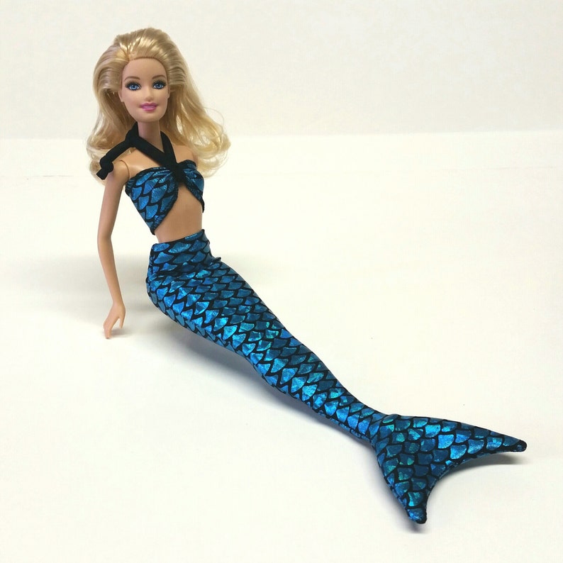 blue metallic fish scales spandex Mermaid tail and top set for Barbie