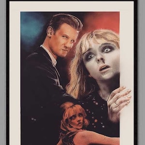 May include: A vintage-style poster featuring a man and two women. The man is wearing a dark suit and has a serious expression. The women are both blonde and have a more whimsical look. The poster has a dark background with splashes of red and blue.