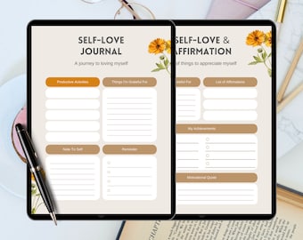 May include: A digital journal with a floral design. The left page is titled "Self-Love Journal" and has sections for productive activities, things you are grateful for, a note to self, and a reminder. The right page is titled "Self-Love & Affirmation" and has sections for things you are grateful for, a list of affirmations, your achievements, and a motivational quote.