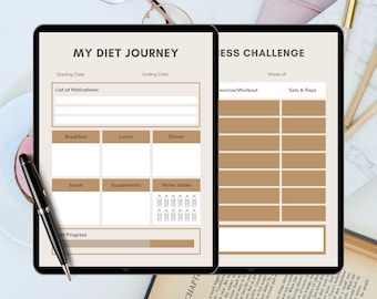Minimal Diet Planner, Fitness Planner, Weekly Meal Planner & Grocery List Printable, Daily Food Diary, Fitness Diet Journal, Diet Planner