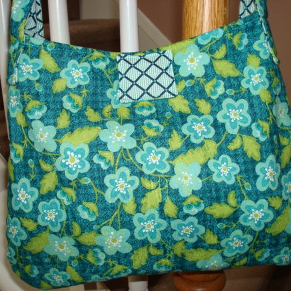 Blue and Green Floral Hobo Bag, Lattice Lining, Medium Size