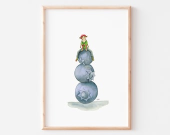 Poster of a little girl sitting on three blueberries, A4