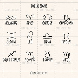 Les douze signes du zodiaque en anglais à télécharger Svg, signes dessinés à la main png, pdf, png, jpg,eps, style croquis pour projets diy