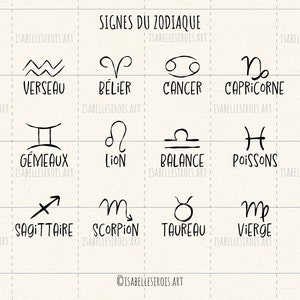 Les douze signes du zodiaque en français à télécharger Svg, signes dessinés à la main png, pdf, png, jpg,eps, style croquis pour projets diy