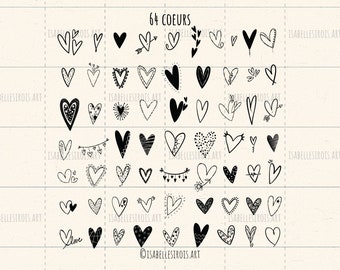 May include: A selection of 64 black and white heart illustrations in diverse styles. Some hearts are solid, others feature patterns, and some include arrows or floral details. The text "64 COEURS" is at the top of the image.