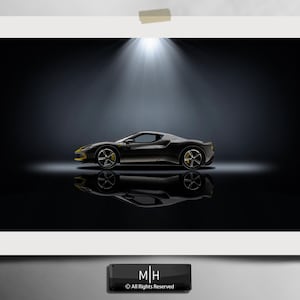 May include: A dark grey sports car shown in profile view, illuminated by a single overhead spotlight against a black background. The vehicle features yellow brake calipers and is reflected on a glossy surface below. A small black label reads M|H All Rights Reserved.