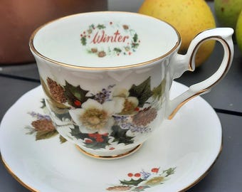 Vintage Duchess "Winter" teacup and saucer - English fine bone china - Christmas teacup - winter floral motif - collectible tableware