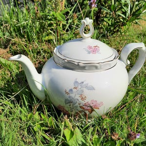May include: A white porcelain teapot featuring a delicate floral pattern with pink and blue blossoms on the body and lid. The teapot has a curved handle, a pointed spout, and a decorative finial on the lid, all accented with thin gold trim.