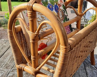 Vintage Rattan Magazine Rack with Heart-Shaped Sides | Boho Magazine Holder | Mid Century Rattan Newspaper Rack