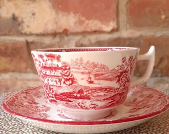 Taza y platillo Tonquin vintage de Alfred Meakin – Taza de té inglesa de loza estampada en rojo – Porcelana de Staffordshire – Vajilla de colección