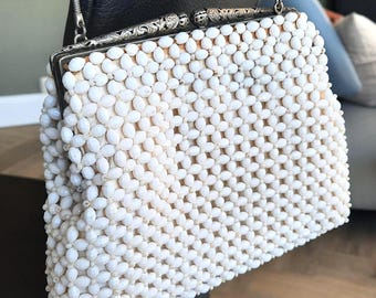 Vintage White Beaded Bag with Silver-Colored Frame | Romantic Evening Bag | Bridal Purse | Retro Handbag 50s/60s
