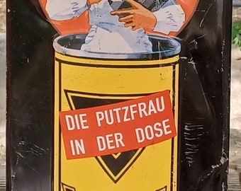 Geprägtes altes Werbeblech - Die Putzfrau in der Dose - Vim Putzt  alles