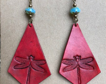 Tooled leather Earrings - Dragonfly Leather Earrings