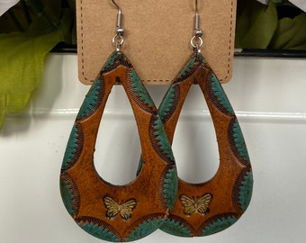 Hand tooled Leather Earrings - Butterfly Earrings